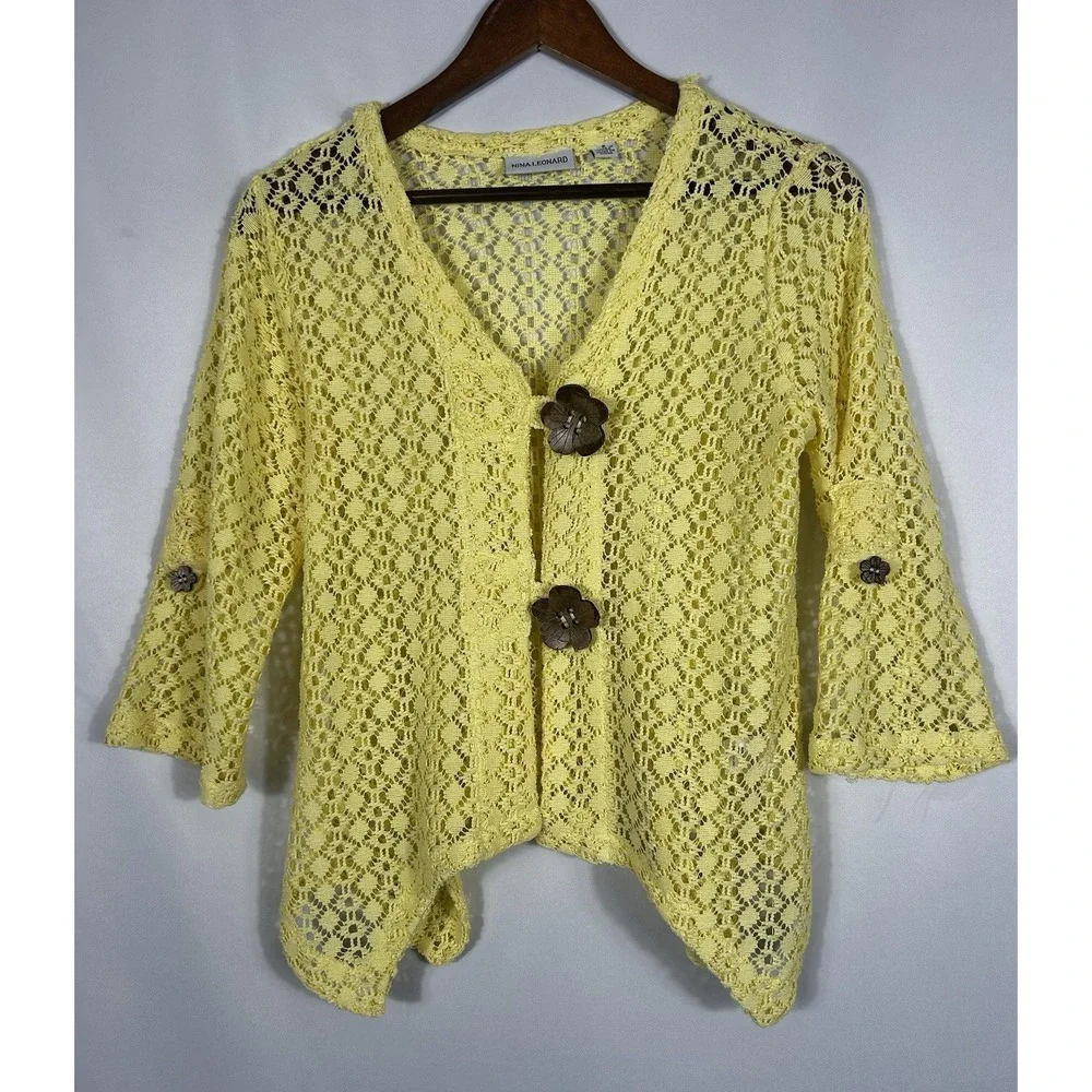 Vintage Yellow Open Knit Cardigan Wood Flower Button Beach Artsy Boho Lagenlook